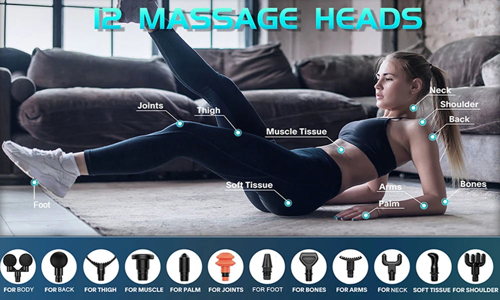 Pistolet de Massage 24V – 12 Têtes, Percussion & Relaxation Musculaire