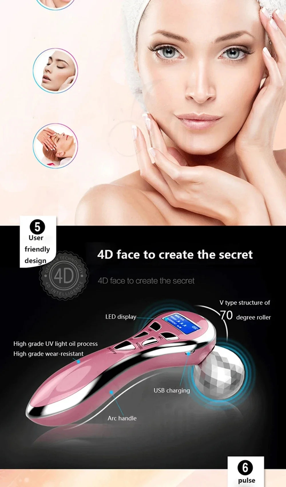 Rouleau de Massage Visage 4D EMS – Microcourant & Lifting V