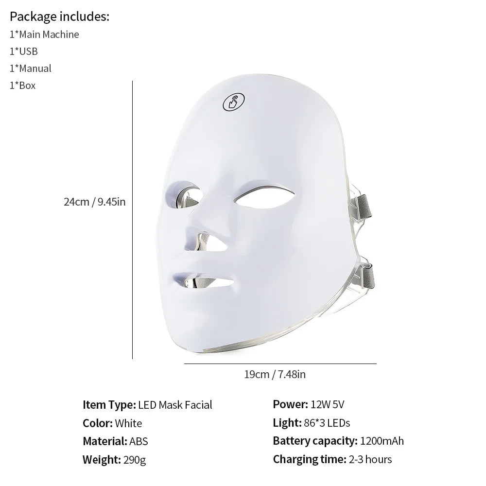 Masque facial anti-âge à LED avec cou 7 couleurs pour lifting et anti‑âge