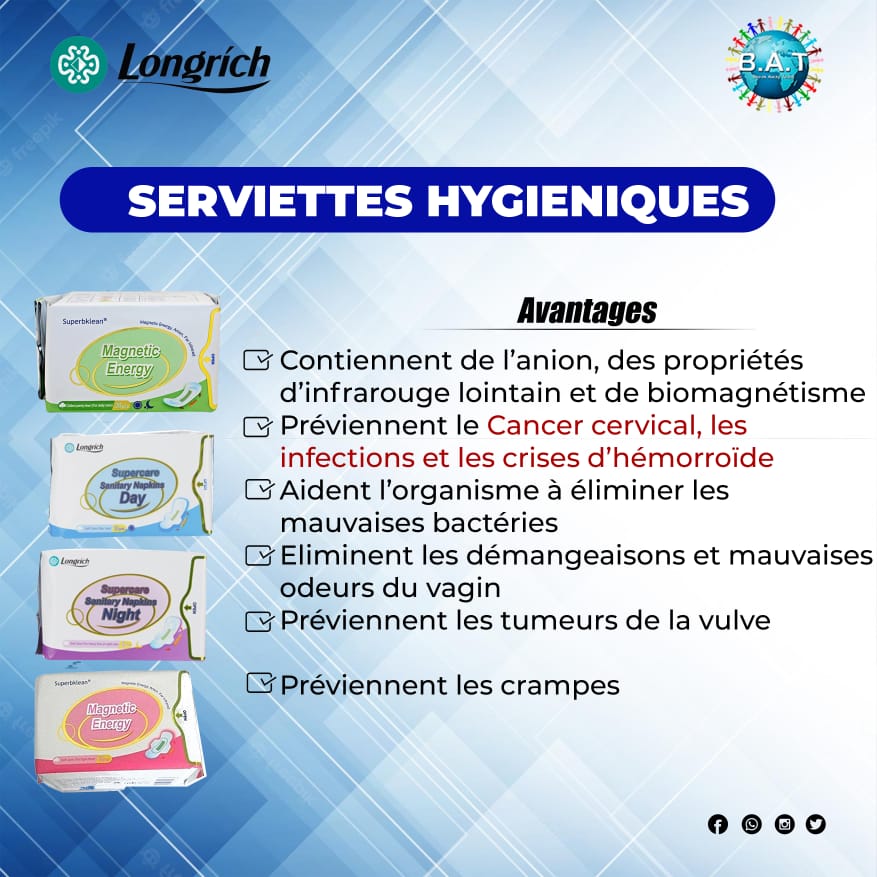 Serviettes Hygiéniques Longrich – Anti‑bactériennes, Ultra‑absorbantes & Confort 24h
