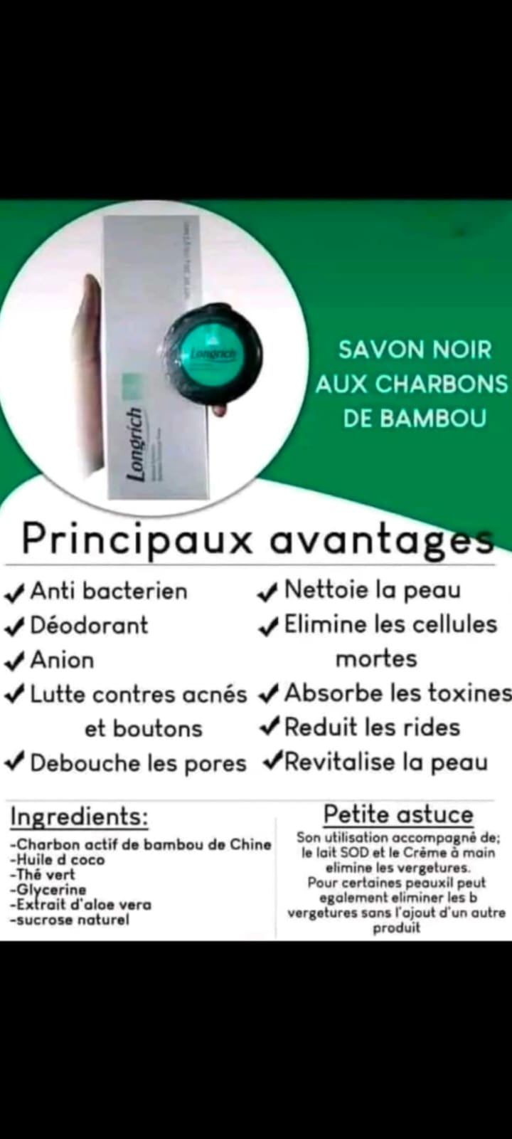 Savon Longrich Bamboo Charcoal – Anti‑acné, Anti‑taches & Purifiant naturel